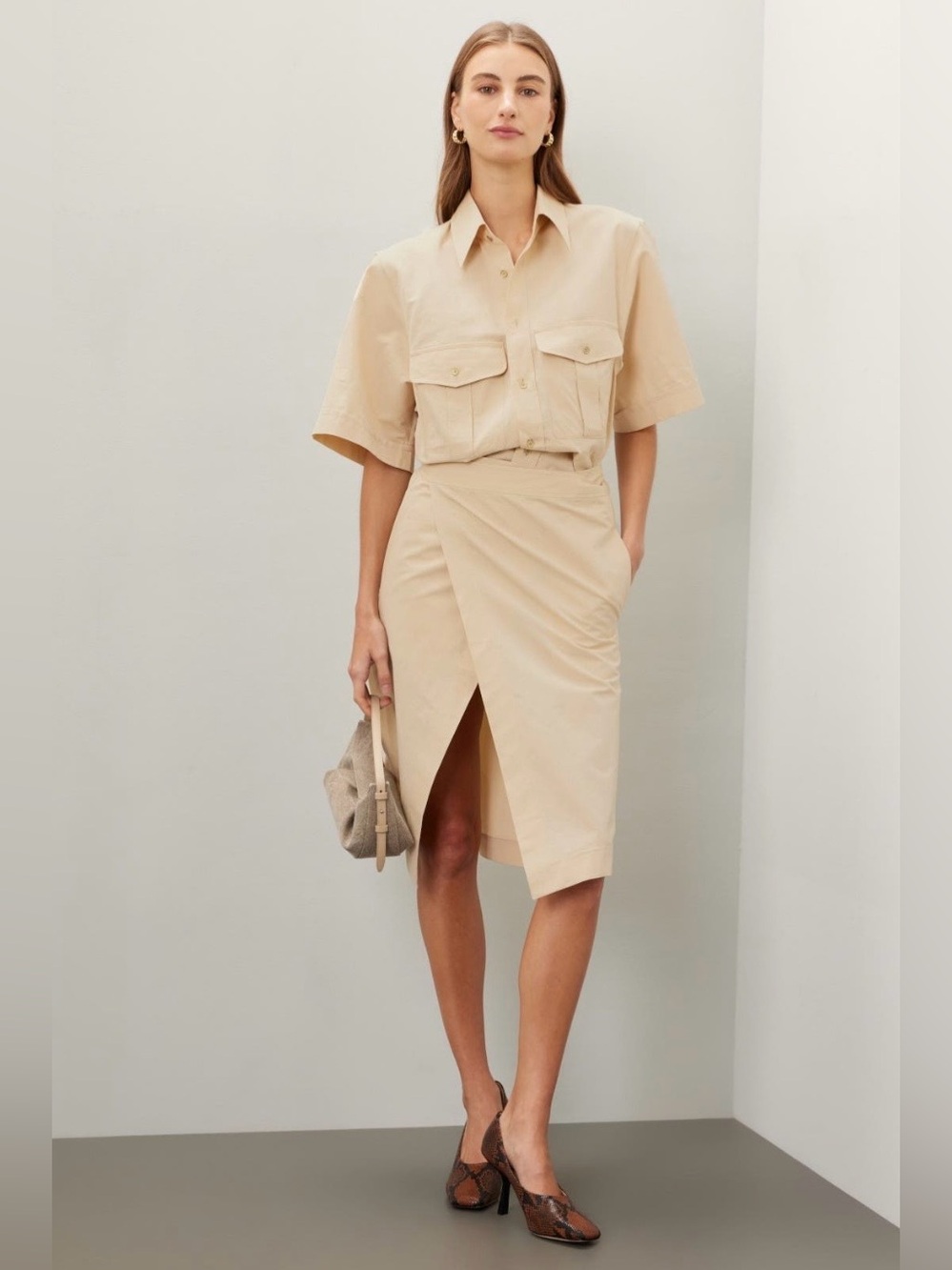 Petar Petrov~Beige Wrap Button Front Midi Shirt Dress~Size 36 (US 4)~$1,290~